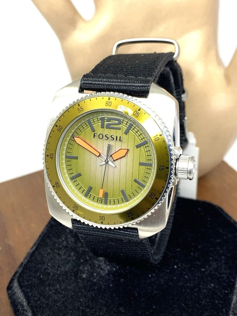 Fossil Mens Watch WB1043 Quartz Green Dial 38mm Stainless Steel Case Nylon Strap